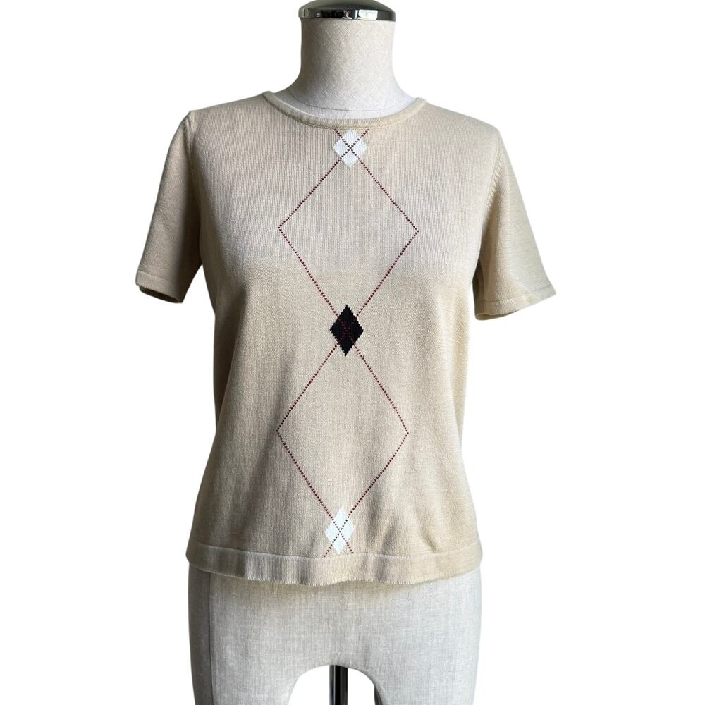 Petite Sophisticate Beige Argyle Sweater Top Womens Small